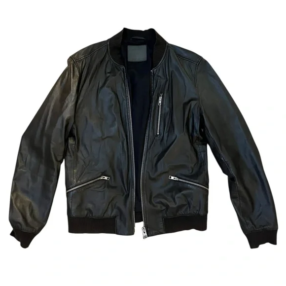 All Saints Men's Black Leather Utility Bomber Jacket size Large - Picture 2 of 4